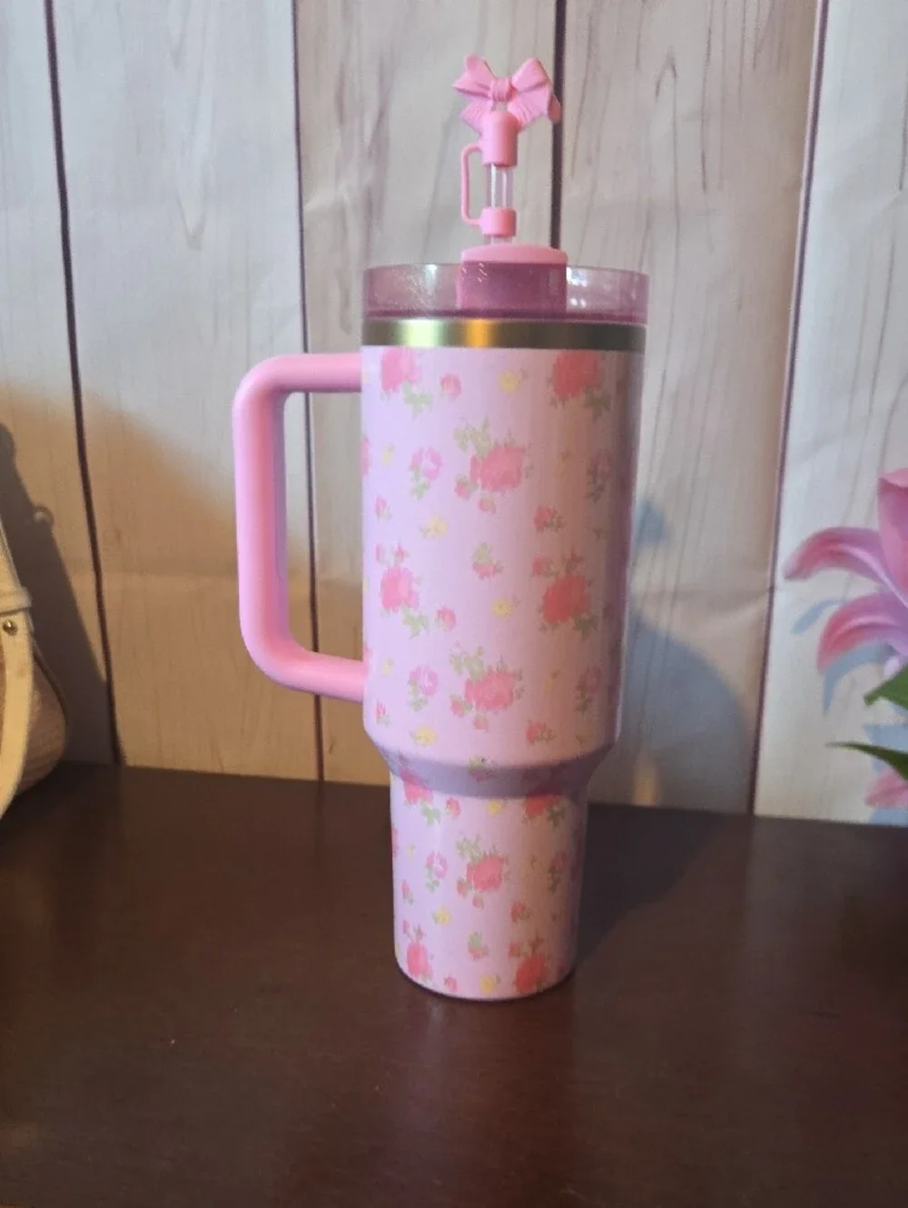 Stanley Pink LoveShackFancy Ibiza Sunset Floral 40oz Tumbler Ribbon Straw Topper - Picture 9 of 9
